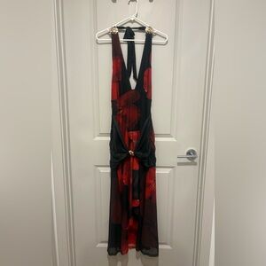 Elegant Red and Black Floral Dress